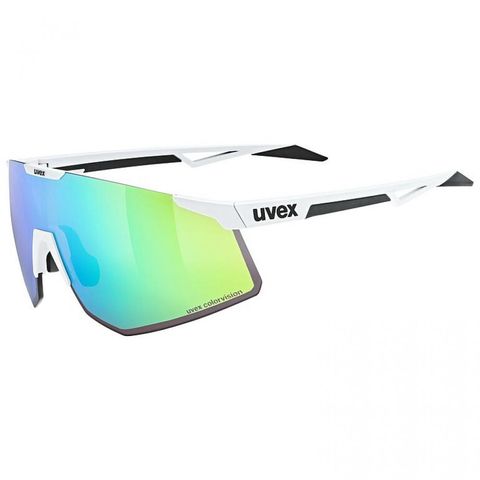 Uvex uvex Sportbrille pace perform CV white matt glossy green, mit colorvision für kontrastreiche Sicht, verspiegelte Gläser, 100 % UV-Schutz, anti-fog Beschichtung, ideal für Radsport und Running