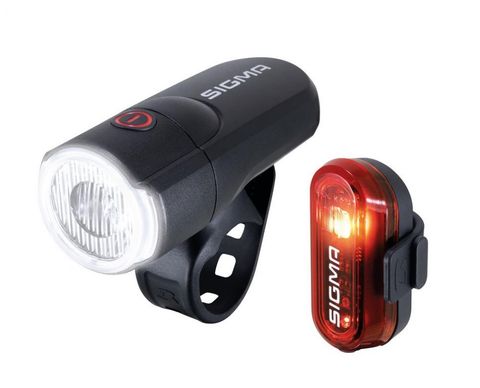 Sigma SIGMA AURA 30/Curve Fahrradbeleuchtungsset: 30 Lux Frontlicht, 40 m Reichweite, 2 Leuchtmodi, StVZO-zugelassen, spritzwassergeschützt, werkzeugfreie Montage, 29 h Rücklicht
